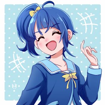 Rule 34 | +++, 1girl, artist name, blue background, blue hair, blue jacket, blue sailor collar, bow, bowtie, closed eyes, commentary, cut bangs, facing viewer, hair bow, highres, hirogaru sky! precure, jacket, long sleeves, medium hair, open mouth, polka dot, polka dot background, precure, sailor collar, school uniform, side ponytail, signature, single sidelock, smile, solo, sora harewataru, sorashido academy school uniform, upper body, yellow bow, yellow bowtie, zerolay
