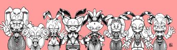 absurdres amy_rose arms_behind_head blaze_the_cat blush bow bowtie breasts closed_eyes cream_the_rabbit furry furry_female garter_straps gloves hands_on_own_hips highres large_breasts lineup multiple_girls necktie pantyhose playboy_bunny rabbit_ears rouge_the_bat sally_acorn sega small_breasts smile sonic_(series) sonic_the_hedgehog_(archie_comics) tengaikemono thigh_gap thighhighs tikal_the_echidna tojyo vanilla_the_rabbit wave_the_swallow