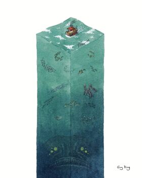 anglerfish boat caustics creature dredge_(video_game) eel fish guykingillustration highres isometric jellyfish mackerel_(fish) no_humans painting_(medium) ripples scenery school_of_fish shark simple_background size_difference smoke squid too_many_eyes traditional_media watercolor_(medium) watercolor_effect watercraft white_background