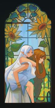 2girls absurdres braid carrying closed_mouth commentary dress elf english_commentary expressionless flamme_(sousou_no_frieren) flower frieren hair_down hanromi highres long_hair multiple_girls official_alternate_hairstyle orange_hair piggyback pointy_ears single_braid sleeveless sleeveless_dress smile sousou_no_frieren stained_glass summer sunflower very_long_hair white_dress white_hair