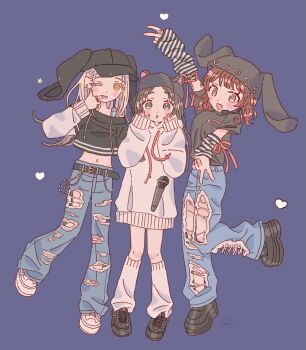 Rule 34 | animal ears, animal hat, arm warmers, black hat, black shoes, blush, bouryoku hantai, bra strap, brown eyes, brown hair, colored eyelashes, crop top, denim, double v, finger in own mouth, gakuen idolmaster, hamster ears, hamster hat, hanami ume, hands on own cheeks, hands on own face, hat, highres, hood, hoodie, idolmaster, jeans, kuramoto china, leg warmers, long sleeves, microphone, navel, no pants, open mouth, orange eyes, oversized clothes, pants, rabbit ears, rabbit hat, red hair, shinosawa hiro, shoes, short sleeves, simple background, smile, striped arm warmers, surprised, torn clothes, torn jeans, torn pants, v, white eyelashes, white hair, white hoodie, white shoes
