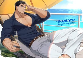 Rule 34 | 1boy, amagosi, bara, beach umbrella, belt, belt buckle, black hair, blue eyes, blue shirt, brown belt, brown shoes, buckle, chair, champagne flute, closed mouth, collared shirt, commentary request, commission, cup, drinking glass, forehead, hand on own hip, kokado shido (domo), large pectorals, looking at viewer, lounge chair, male focus, muscular, muscular arms, muscular male, ocean, open clothes, open shirt, original, pants, partially open shirt, pectoral cleavage, pectorals, salute, sandals, shirt, shoes, short hair, sideburns, signature, skeb commission, sleeves rolled up, smile, solo, spiked hair, tareme, thick eyebrows, two-finger salute, umbrella, v-taper, white pants