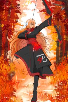 Rule 34 | 1girl, absurdres, arrow (projectile), autumn, ayamiya, black boots, black jacket, black pantyhose, black skirt, boots, bow, bow (weapon), cropped jacket, drawing bow, dress, forest, full body, hair bow, highres, holding, holding bow (weapon), holding weapon, ishmael (project moon), jacket, limbus company, long hair, nature, orange hair, pantyhose, project moon, red dress, red trim, shi association east uniform, sidelocks, skirt, standing, standing on one leg, very long hair, weapon, white bow