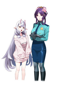 2girls absurdres alien antennae blunt_tresses breasts commentary_request cosplay empty_eyes facial_mark flower forehead_mark gloves grey_hair hair_flower hair_ornament hair_ribbon hair_rings hie_(hiememiko) hiememiko highres jacket kantai_collection large_breasts long_hair long_sleeves looking_at_viewer milky_subway multiple_girls murakumo_(kancolle) off_shoulder open_mouth orange_eyes original pencil_skirt pointy_ears purple_eyes purple_hair ribbon skirt tress_ribbon very_long_hair