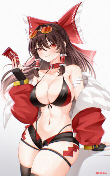 1girl absurdres alternate_costume belt_collar bikini bikini_top_only black_bikini black_gloves black_shorts black_thighhighs bot_pony bow breasts brown_hair cleavage closed_mouth collar collarbone commentary dated_commentary eyewear_on_head fingerless_gloves frilled_bow frilled_hair_tubes frills gloves hair_bow hair_tubes hakurei_reimu highres holding holding_ofuda jacket large_breasts long_hair looking_at_viewer micro_shorts navel ofuda open_clothes open_jacket orange-tinted_eyewear red_bow red_collar red_eyes red_jacket ring_light_reflection shorts smile solo stomach swimsuit thick_thighs thighhighs thighs tinted_eyewear touhou