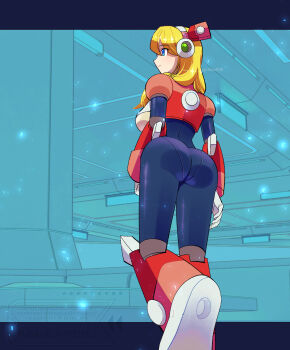 1girl alia_(mega_man) armor armored_boots ass ass_focus black_bodysuit blonde_hair blue_background blue_eyes bodysuit boots breasts closed_mouth commentary_request from_behind gloves hair_between_eyes hair_over_shoulder headphones highres large_breasts letterboxed long_hair mega_man_(series) mega_man_x8 mega_man_x_(series) outside_border partial_commentary pink_armor pink_boots red_armor revision rikka_(user_hruv2435) robot_ears robot_girl smile solo standing standing_on_one_leg thighs twitter_username watermark white_gloves