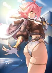 Rule 34 | 1girl, ahoge, ass, ass focus, bodysuit, breasts, cropped jacket, deekei, fingerless gloves, from behind, gloves, looking at viewer, looking back, looking down, medium breasts, pink hair, short hair, sideboob, smile, solo, thick thighs, thighlet, thighs, tohno amane (deekei), yellow eyes