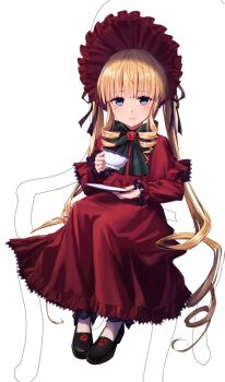 1girl black_bow black_bowtie black_shoes blonde_hair blue_eyes blunt_bangs blush bonnet bow bowtie closed_mouth commentary_request cup dress drill_hair dual_wielding eyelashes frilled_dress frilled_sleeves frills full_body holding holding_cup holding_plate invisible_chair lolita_fashion long_dress long_hair long_sleeves looking_at_viewer making-of marutenmaruten plate red_bonnet red_dress rozen_maiden shinku shoes sidelocks simple_background sitting smile solo teacup twintails very_long_hair white_background