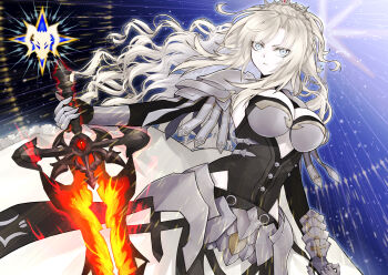 Rule 34 | 1girl, armor, armored dress, balmung kriemhild (fate), breasts, cleavage, commentary request, commission, dress, fate/grand order, fate (series), grey eyes, hazuki-a, highres, holding, holding sword, holding weapon, kriemhild (fate), kriemhild (third ascension) (fate), large breasts, long hair, looking at viewer, skeb commission, solo, sword, tiara, weapon, white hair