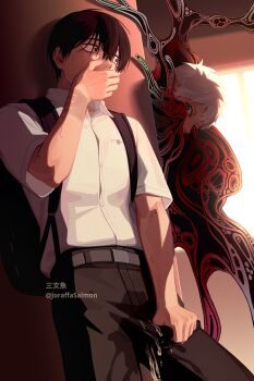 2boys backpack bag belt black_bag black_hair body_horror buttons chinese_commentary collared_shirt commentary_request crying crying_with_eyes_open grey_belt grey_eyes hand_to_own_mouth highres hikaru_ga_shinda_natsu indou_hikaru joraffasalmon looking_at_another male_focus mole mole_on_neck mole_under_eye multiple_boys multiple_moles pee pee_stain peeing peeing_self pocket red_pupils shirt shirt_tucked_in short_eyebrows short_hair short_sleeves standing sweat tears tsujinaka_yoshiki twitter_username wet_pants white_hair white_shirt