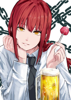 1girl absurdres alcohol beer beer_mug black_necktie candy chain chainsaw_man commentary_request cup dress_shirt fingernails food hand_on_own_cheek hand_on_own_face highres holding holding_candy holding_food holding_lollipop lollipop long_sleeves looking_at_viewer makima_(chainsaw_man) mug necktie red_eyes ringed_eyes shirt sidelocks solo titi_oekaki upper_body white_shirt yellow_eyes