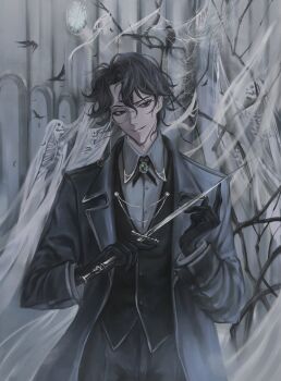 1boy ajsaart amon_(lord_of_the_mysteries) black_eyes black_gloves black_hair black_vest brooch collared_shirt cowboy_shot curtains dagger falling_feathers feathers gloves grey_jacket grey_shirt head_tilt highres holding holding_dagger holding_knife holding_weapon jacket jewelry knife lapel_chain looking_to_the_side lord_of_the_mysteries male_focus monocle narrowed_eyes shirt short_hair simple_bird smirk solo vest weapon