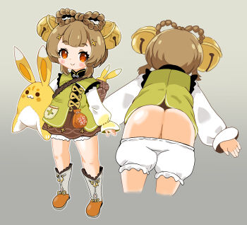 1girl absurdres ass basket bell bloomers bloomers_pull blush bow-shaped_hair braid brown_hair closed_mouth commentary_request genshin_impact grey_background hair_bell hair_ornament highres holding holding_stuffed_toy jingle_bell lemon_pan loli long_sleeves multiple_views paid_reward_available puffy_long_sleeves puffy_sleeves red_eyes short_hair sleeves_past_wrists smile stuffed_toy underwear white_bloomers yaoyao_(genshin_impact)