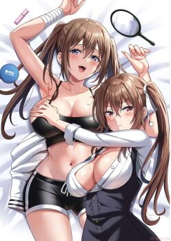2girls armpits arms_up bed blue_eyes blush boku_no_kanojo_sensei breasts brown_hair cleavage cosmetics crossed_bangs embarrassed female_focus fujiki_maka grabbing_another&#039;s_breast groping hair_between_eyes highres large_breasts legs lipstick_tube long_hair looking_at_viewer lying mirror multiple_girls official_art on_bed open_mouth oryo_(oryo04) red_eyes sdwing short_shorts shorts smile sports_bra sweat thighs twintails unbuttoned unbuttoned_shirt