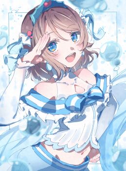 1girl 493water air_bubble arched_back arm_up bare_shoulders blue_background blue_eyes bracelet brown_hair bubble clothing_cutout commentary_request dress earrings frills gem grey_hair hand_on_own_hip head_tilt heart highres idol jewelry koi_ni_naritai_aquarium looking_at_viewer love_live! love_live!_sunshine!! midriff navel pearl_bracelet red_gemstone ribbon salute simple_background single_earring skirt smile solo striped_clothes tiara watanabe_you white_background