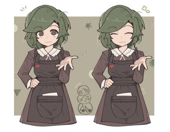 1girl :3 apron apron_pocket black_apron brown_dress brown_eyes chinese_commentary commentary_request cowboy_shot dress frilled_shirt_collar frills green_hair highres long_sleeves marina_kaplan multiple_views reaching reaching_towards_viewer school_uniform short_dress soviet_school_uniform swept_bangs yaaa z.a.t.o._//_i_love_the_world_and_everything_in_it