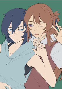 2girls blue_eyes blue_hair blush brown_hair brown_sweater_vest choker_pull commentary english_commentary green_background grey_hoodie hood hoodie long_hair medium_hair miyagi_shiori multiple_girls one_eye_closed open_mouth purple_eyes sendai_hazuki shirt shuuniichido_classmate_wo_kau_hanashi simple_background sleeveless sleeveless_hoodie smile sweat sweater_vest unfinished upper_body visari white_shirt yuri