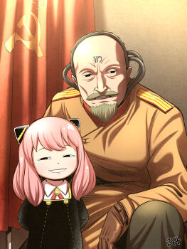 &gt;:) 1boy 1girl absurdres anya&#039;s_heh_face_(meme) anya_(spy_x_family) arms_behind_back bald beard black_dress black_pants brown_gloves brown_jacket child closed_mouth collared_shirt command_&amp;_conquer command_&amp;_conquer:_red_alert command_&amp;_conquer:_red_alert_2 crossover dress eyebrows_hidden_by_hair facial_hair facial_mark forehead_mark gloves green_eyes grin hammer_and_sickle highres isaosa jacket long_sleeves looking_at_viewer meme mustache pants pink_hair shirt signature smile spy_x_family trait_connection v-shaped_eyebrows white_shirt yuri_(c&amp;c)
