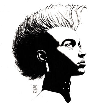 1girl 2023 artist_name choker commentary commission dated english_commentary from_side highres marvel mohawk monochrome new_york_comic_con portrait scan sidelighting signature solo storm_(x-men) traditional_media valerio_giangiordano western_comics_(style) white_eyes x-men
