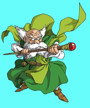 Rule 34 | 1boy, bald, beard, blue background, brey, brown shoes, cape, commentary request, dragon quest, dragon quest iv, facial hair, full body, green cape, green robe, highres, holding, holding staff, lee (dragon garou), male focus, official style, old, old man, robe, shoes, solo, squatting, staff, toriyama akira (style), white hair
