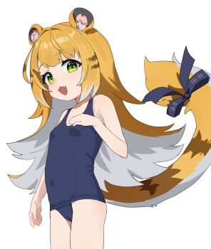 1girl :3 absurdres alternate_costume animal_ear_fluff animal_ears arm_at_side bare_shoulders blue_bow blue_one-piece_swimsuit bow breasts colored_inner_hair commentary_request cowboy_shot fang green_eyes hand_on_own_chest highres ju_fufu korean_commentary kosobin loli long_hair looking_at_viewer looking_to_the_side multicolored_fur multicolored_hair old_school_swimsuit one-piece_swimsuit open_mouth orange_hair school_swimsuit simple_background small_breasts solo striped_fur striped_hair swimsuit tail tail_bow tail_ornament tiger_ears tiger_girl tiger_tail white_background white_hair zenless_zone_zero