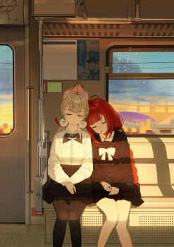 2girls absurdres alice_thymefield animal_ears black_bow black_bowtie black_pantyhose black_serafuku black_shirt black_skirt blonde_hair bow bowtie breasts closed_eyes commentary drooling hair_ornament highres large_breasts long_hair midfinger multiple_girls pantyhose pleated_skirt rabbit_ears rabbit_girl red_hair school_uniform serafuku shirt sitting skirt sphere_hair_ornament train_interior ukinami_yuzuha white_bow white_bowtie white_shirt zenless_zone_zero