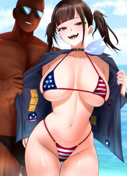 1boy 1girl :d absurdres american_flag american_flag_bikini american_flag_print anal_beads bald bikini black_choker blue_sky breasts breasts_apart brown_hair choker cloud condom condom_packet_strip condom_wrapper curvy dark-skinned_male dark_skin day flag_print flag_print_bikini goddess_of_victory:_nikke hetero highres interracial jacket kanikamidesu large_breasts large_pectorals male_swimwear navel ocean open_clothes open_jacket open_mouth outdoors pectorals print_bikini red_hair sex_toy sky smile sora_(nikke) stomach sunglasses swim_briefs swimsuit thigh_gap thighs twintails very_dark_skin