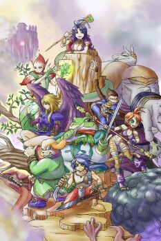 blonde_hair boots bow_(breath_of_fire) breasts breath_of_fire breath_of_fire_ii cleavage commentary_request deis dress enosouko feathered_wings highres holding holding_sword holding_weapon jean_(breath_of_fire) katt_(breath_of_fire) large_breasts long_hair looking_at_viewer monster multiple_boys multiple_girls nina_(breath_of_fire_ii) open_mouth purple_wings rand_(breath_of_fire) ryu_(breath_of_fire_ii) short_hair side_slit smile spar sten_(breath_of_fire) sword weapon wings