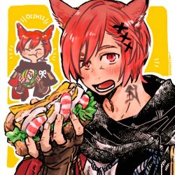 Rule 34 | 1boy, :t, animal ears, archon mark, black scarf, blush, brown gloves, cat ears, commentary request, final fantasy, final fantasy xiv, fingerless gloves, food, food request, g&#039;raha tia, gloves, holding, holding food, inset, itowo (itowc), looking at viewer, male focus, miqo&#039;te, open mouth, outline, red eyes, red hair, romaji text, sandwich, scarf, short hair, simple background, solo, white outline, yellow background