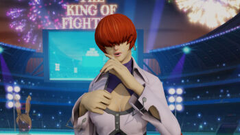 1girl breasts cleavage cum cum_on_body cum_on_breasts cum_on_upper_body facial female_focus highres jacket large_breasts long_hair outdoors red_hair shermie_(kof) stadium stage the_king_of_fighters