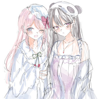 2girls bang_dream! bang_dream!_it&#039;s_mygo!!!!! black_hair blush chihaya_anon commentary fang green_ribbon grey_eyes hat highres jewelry latte_bf long_hair long_sleeves multiple_girls neck_ribbon necklace nightcap one_eye_closed open_mouth pajamas pink_hair pink_shirt purple_eyes ribbon shiina_taki shirt simple_background single_off_shoulder sleeves_past_wrists upper_body white_background white_shirt