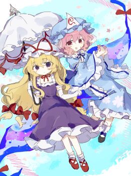 2girls :d absurdres black_shoes blonde_hair blue_kimono blue_sky blush choker closed_mouth commentary dress elbow_gloves frills gap_(touhou) gloves hair_between_eyes hair_ribbon hat highres holding holding_petal holding_umbrella japanese_clothes kimono long_hair long_sleeves looking_at_viewer medium_hair mob_cap multiple_girls open_mouth petals pink_eyes pink_hair pink_petals purple_dress purple_eyes red_shoes ribbon ribbon_choker saigyouji_yuyuko shoes short_sleeves sky smile socks touhou triangular_headpiece umbrella veil wavy_hair white_gloves white_socks wusem0108 yakumo_yukari