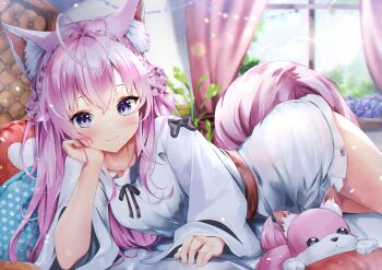 1girl aizawa_(aizawatsu) animal_ear_fluff animal_ears antenna_hair bedroom black_bow blush bow braid braided_bun breasts closed_mouth commentary_request crown_braid dress hair_bun hakui_koyori head_on_hand head_rest hololive indoors kokoro_(hakui_koyori) long_hair looking_at_viewer lying on_side pink_hair pink_tail purple_eyes short_dress smile solo tail virtual_youtuber white_dress wide_sleeves wolf_ears wolf_girl wolf_tail