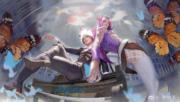 2boys arm_behind_head arm_on_knee arm_support backless_outfit bending_backward blue_butterfly blue_eyes boots bug butterfly full_body gjd12751 hat highres horns insect instrument jojo_no_kimyou_na_bouken crossed_legs lipgloss long_hair long_sleeves looking_afar looking_at_viewer looking_down male_focus multiple_boys nail_polish narciso_anasui net orange_butterfly piano pink_eyes pink_hair rivets sitting standing stone_ocean string thighhighs weather_report wristband