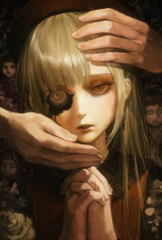 Rule 34 | 1girl, 2others, absurdres, bang dream!, bang dream! it's mygo!!!!!, beret, chinese commentary, commentary request, cracked skin, eyeball, green hair, hat, highres, interlocked fingers, long hair, looking at viewer, mortis (bang dream!), mortis (costume) (bang dream!), multiple others, own hands together, parted lips, red hat, seapall, wakaba mutsumi, yellow eyes