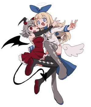 Rule 34 | 2girls, 303xymm, aiobahn, akuma (tententengokujigokugoku), angel, angel wings, black wings, blonde hair, blue bow, blue eyes, boots, bow, demon girl, demon horns, demon tail, demon wings, dress, full body, grey footwear, grey hair, hair bow, halo, highres, horns, leg up, long hair, long sleeves, low wings, medium hair, multiple girls, one eye closed, open mouth, red eyes, side slit, sidelocks, simple background, smile, tail, tenshi (tententengokujigokugoku), tententengokujigokugoku (aiobahn), thigh boots, very long hair, white background, white dress, wings