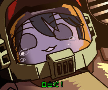 Rule 34 | 1girl, :3, close-up, commentary, cosplay, crying, crying with eyes open, daryl lorenz, daryl lorenz (cosplay), derivative work, gundam, gundam gquuuuuux, gundam thunderbolt, hair between eyes, helmet, jazz jack, looking at viewer, nyaan (gundam gquuuuuux), parody, screenshot redraw, solo, tears, translated