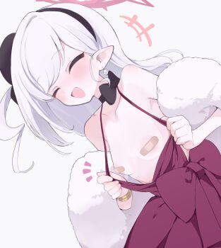 1girl bandaid bandaids_on_nipples blue_archive blush breasts closed_eyes dress halo highres hone_kawa jewelry loli long_hair mutsuki_(blue_archive) mutsuki_(dress)_(blue_archive) official_alternate_costume pasties pointy_ears red_dress small_breasts smile solo variant_set white_hair