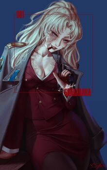 1girl absurdres artist_name balalaika_(black_lagoon) barefoot bekus black_lagoon black_pantyhose blonde_hair blue_background blue_eyes breasts burn_scar character_name cigar cleavage coat coat_on_shoulders commentary cowboy_shot green_coat gun gun_to_chin hand_on_table handgun head_tilt highres holding holding_gun holding_weapon large_breasts leaning_on_table long_hair looking_at_viewer military_coat mole mole_on_breast mole_on_neck pantyhose parted_bangs parted_lips pencil_skirt red_lips red_skirt russian_text scar scar_on_chest scar_on_face shirt shoulder_boards signature simple_background skirt smile smoke smoke_trail smoking solo star_(symbol) table teeth undershirt weapon white_shirt white_wrist_cuffs wooden_table wrist_cuffs