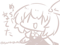 Rule 34 | 1girl, chibi, commentary request, fang, goma (gomasamune), hair between eyes, hair ribbon, monochrome, necktie, open mouth, ribbon, rumia, short hair, short sleeves, sketch, smile, touhou, translation request, twitter username, upper body, vest
