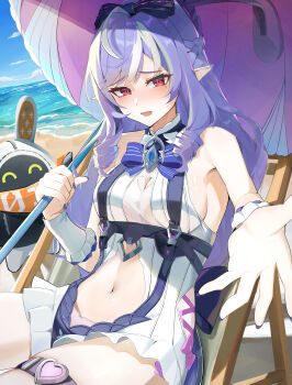 1girl absurdres ahoge bare_shoulders beach_chair blue_sky blush bow bowtie breasts cleavage clothing_cutout commentary_request day ekaki_hagoromo eous_(zenless_zone_zero) fingernails hair_bow half_crown_braid heart_cutout highres holding holding_umbrella long_fingernails looking_at_viewer medium_breasts mole mole_under_eye multicolored_hair nail_polish navel ocean offering_hand official_alternate_costume one-piece_swimsuit open_mouth outdoors pointy_ears purple_bow purple_bowtie purple_nails purple_umbrella red_eyes shore sidelocks sitting sky solo stomach streaked_hair swimsuit thighs umbrella vivian_banshee vivian_banshee_(iris_of_the_shore) white_one-piece_swimsuit zenless_zone_zero