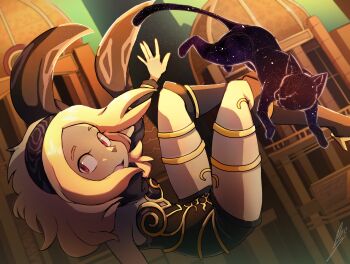 1girl animal anime_coloring bare_shoulders black_cat black_leotard black_scarf blonde_hair blush boots breasts cat commentary dark-skinned_female dark_skin dusty_(gravity_daze) falling gravity_daze hairband highres kitten_(gravity_daze) leotard looking_at_viewer medium_hair open_mouth red_eyes scarf signature solo_focus strapless symbol-only_commentary vambraces wolfaroon