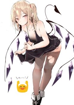 1girl alternate_costume bangle black_boots black_dress blob blonde_hair blush boots bracelet collarbone commentary_request crystal dress emoji feet_out_of_frame female_focus flandre_scarlet hair_between_eyes halter_dress halterneck jewelry lace-up_boots laevatein_(tail) leaning_forward long_hair looking_at_viewer no_headwear one_side_up pointy_ears red_eyes sakusyo see-through_clothes see-through_legwear short_dress simple_background skirt_hold solo standing tail thighhighs thighs torn_clothes torn_thighhighs touhou translation_request white_background wings