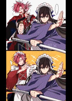... 2boys 2girls absurdres apron black_choker black_hair bow choker crossdressing crossdressing_(mtf) fate/grand_order fate_(series) hair_bow hair_over_one_eye highres holding holding_sword holding_weapon instrument instrument_on_back japanese_clothes katana kawakami_gensai_(fate) kawakami_gensai_(second_ascension)_(fate) kimono laughing low_ponytail maid maid_apron maid_headdress male_maid multicolored_hair multiple_boys multiple_girls pectoral_cleavage pectorals ponytail purple_bow purple_kimono red_bow red_hair red_kimono shamisen sheath sheathed sparkle spoken_ellipsis streaked_hair sword takasugi_shinsaku_(fate) toned toned_male u_5ham0 underpec wa_maid weapon