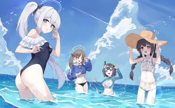 4girls :o absurdres ass bikini bikini_bottom_only black_bikini black_hair blue_archive blue_bow blue_eyes blue_halo blue_hoodie blue_one-piece_swimsuit blue_sky blush bow braid breasts brown_hair casual_one-piece_swimsuit cloud commentary_request contrail cowboy_shot cropped_hoodie cumulonimbus_cloud day eyewear_hang frilled_one-piece_swimsuit frills glasses goggles green_halo grey_hair grey_halo hair_bow halo hat highres hood hoodie leaf_print long_hair long_sleeves looking_at_viewer low_twin_braids low_twintails miyako_(blue_archive) miyako_(swimsuit)_(blue_archive) miyu_(blue_archive) miyu_(swimsuit)_(blue_archive) moe_(blue_archive) moe_(swimsuit)_(blue_archive) multiple_girls navel ocean off-shoulder_one-piece_swimsuit off_shoulder official_alternate_costume one-piece_swimsuit one_eye_closed open_mouth outdoors parted_lips partially_submerged ponytail print_bikini purple_eyes rabbit_platoon_(blue_archive) raglan_sleeves rash_guard red_eyes round_eyewear saki_(blue_archive) saki_(swimsuit)_(blue_archive) short_hair side-tie_bikini_bottom simple_bird sky small_breasts smile standing straw_hat swim_goggles swimsuit twin_braids twintails unworn_eyewear very_long_hair wading water white_bikini yellow_eyes yellow_halo yoshiharu_auf