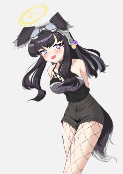 1girl absurdres animal_ears black_hair blue_archive blush commentary_request dog_ears dog_girl dog_tail fishnet_pantyhose fishnet_thighhighs fishnets goggles goggles_on_head halo hibiki_(blue_archive) highres korean_commentary long_hair looking_at_viewer open_mouth pantyhose purple_eyes simple_background smile solo tail thighhighs user_dekc7423 white_background yellow_halo
