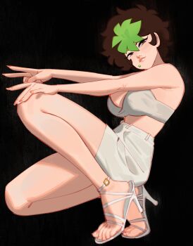Rule 34 | 1girl, armpit crease, bare legs, black background, bra, brown eyes, brown hair, censored, censored feet, feet, full body, green hair, hand on own knee, high-waist skirt, highres, knee up, l4wless, legs, lips, looking at viewer, multicolored hair, original, sandals, short hair, simple background, skirt, solo, squatting, strappy heels, thighs, toenails, toes, two-tone hair, underwear, white bra, white sandals, white skirt