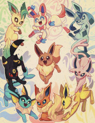 animal_focus black_eyes blue_eyes bright_pupils brown_eyes closed_mouth commentary eevee english_commentary espeon flareon gen_1_pokemon gen_2_pokemon gen_4_pokemon gen_6_pokemon glaceon highres jolteon leafeon nintendo no_humans open_mouth pokemon pokemon_(creature) purple_eyes smile starridge sylveon umbreon vaporeon white_pupils