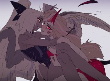 2girls angel angel_and_devil angel_wings bilidongdong black_bow blush bow charlie_morningstar circle_facial_mark colored_sclera colored_skin couple demon_girl demon_horns eye_contact grey_skin grey_wings hair_bow hashtag-only_commentary hazbin_hotel hellaverse horns hug looking_at_another multiple_girls pink_sclera red_sclera thighs vaggie white_skin wings yuri