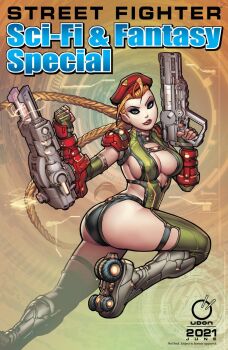 1girl ass beret blonde_hair blue_eyes braid breasts cammy_white cleavage cleavage_cutout clothing_cutout electricity english_text finger_on_trigger fingerless_gloves foot_out_of_frame gloves green_gloves gun hands_up hat highres holding holding_gun holding_weapon long_hair medium_breasts parted_lips red_hat red_lips roller_skates ryan_kinnaird skates smile solo street_fighter twin_braids very_long_hair weapon